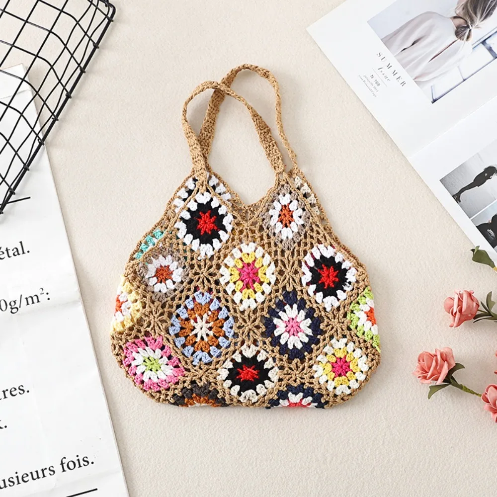 Women Tote Bag Floral Crochet Large Capacity Knitted Bag Trendy Handmade Cut-out Boho Bag Vintage Multicolor Hollow Out Handbag