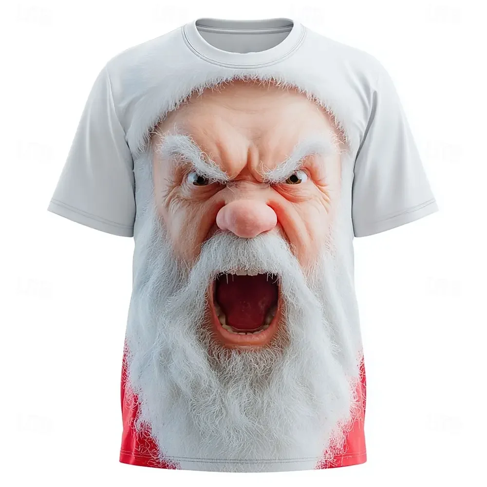 Funny Men's Angry Santa Claus 3D Print T-Shirt Realistic Screaming Santa Face Graphic Short Sleeve Christmas Novelty Party Tee