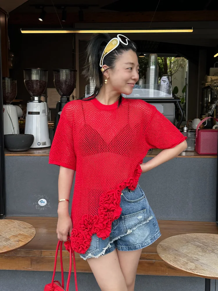 

LEDIM WANG Hollow out Knitted Sweater Women Summer New Red Top Lace Floral Design Breathable Cotton Nylon round Ne ort Sl...