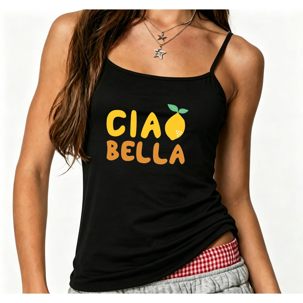 Cute Lemon Print Tank Top Women Summer Ciao Bella Camisole Y2K Sleeveless Vest Casual Beach Holiday Travel Tops Gift for Her