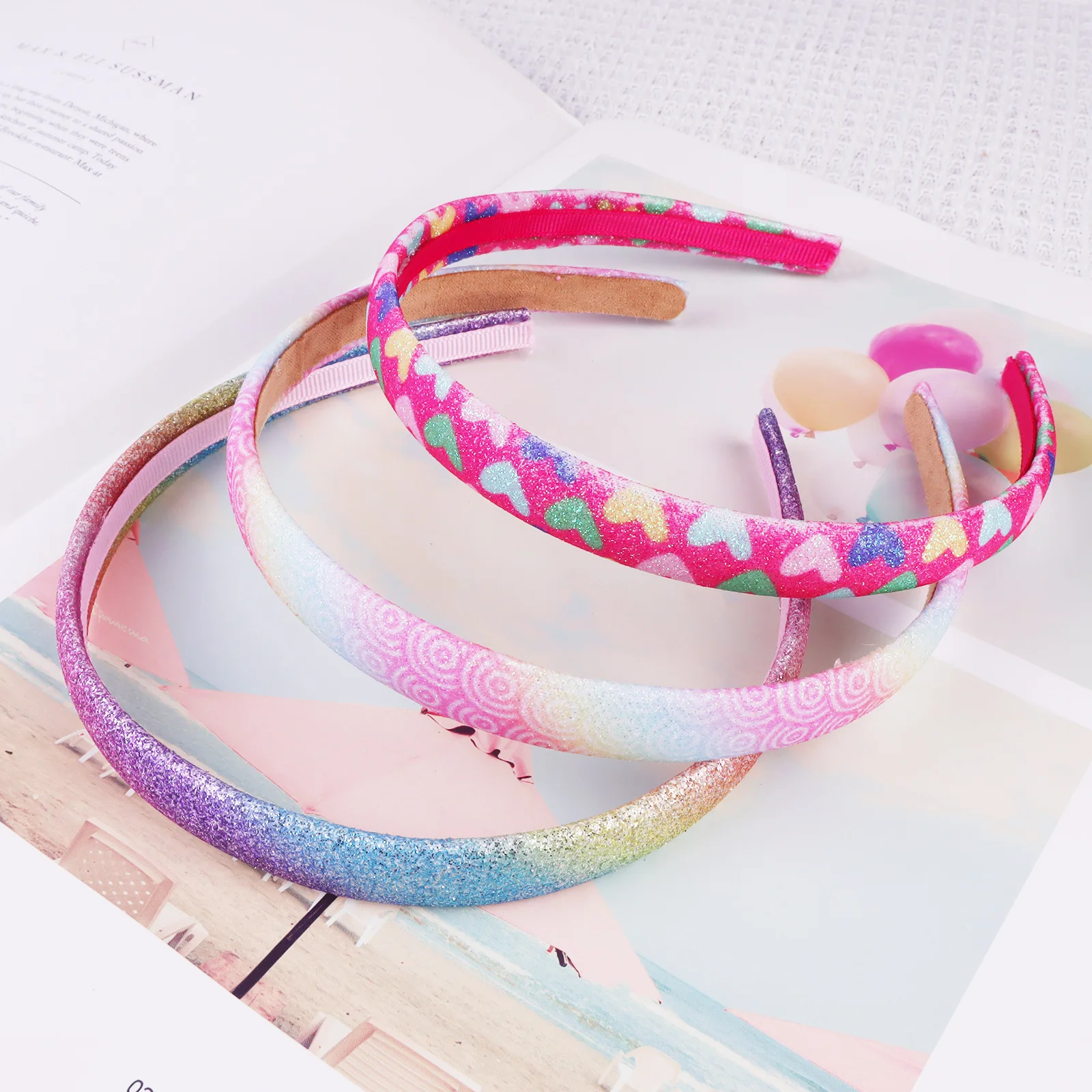 5PCS/Lot Fashion PU Shining Rainbow Gradient Hairband Women Kids Glitter Headband Sweet Heart Hair Accessories