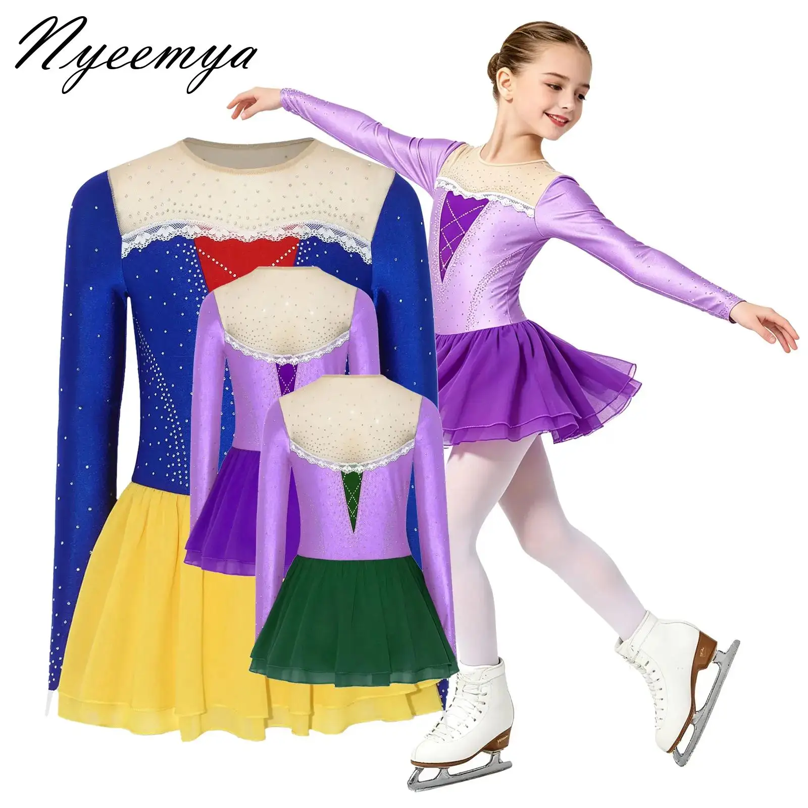 

Girls Princess Dance Leotard Dress Shiny Rhinestones Figure Skating Rhythmic Gymnastics Dress Ballet Class Training Dancewear