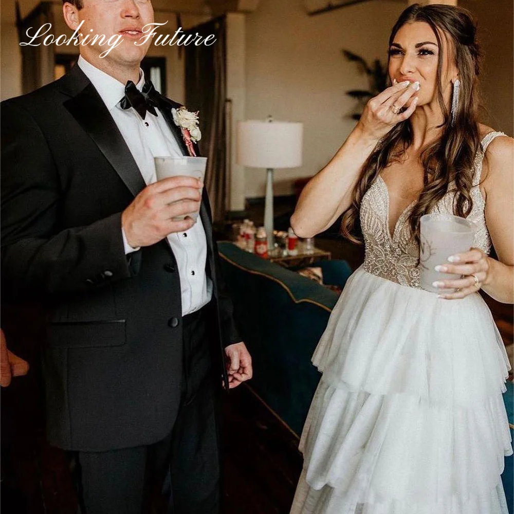 Robe de mariée bohème plissée en tulle doux, perles à plusieurs niveaux, bretelles spaghetti, patients chérie, quel que soit le côté, fendue