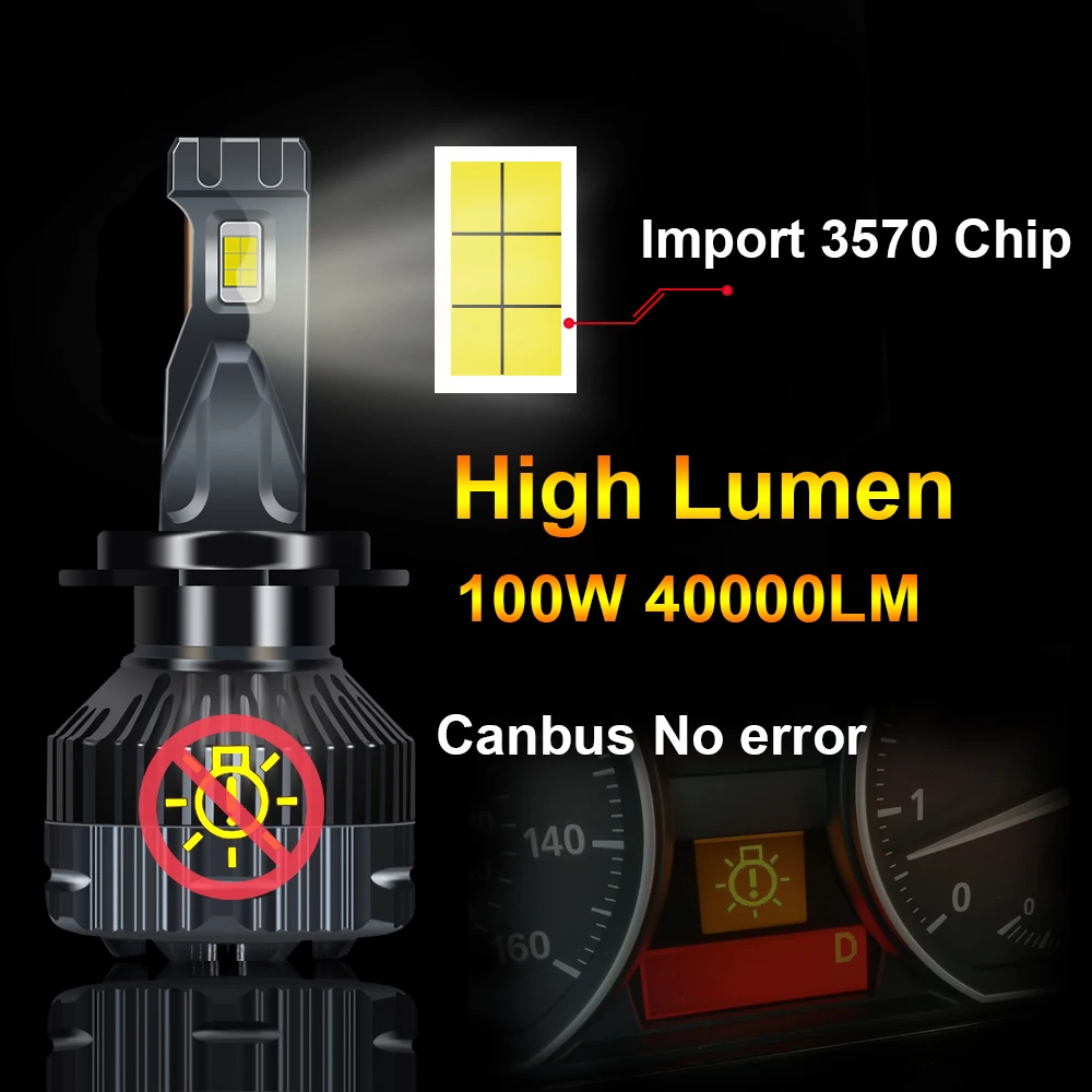 YHKOMS H4 Canbus H7 LED H1 H8 H9 H11 9005 9006 HB3 HB4 9012 Car LED Headlight Bulb 100W 30000LM Auto Light Lamp 6000K 12V