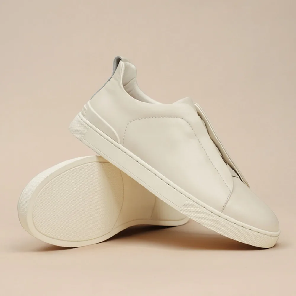 Leather luxury men's casual skateboarding shoes, hiking flat bottom low top sports shoes, men's beige loafers, lazy white shoes