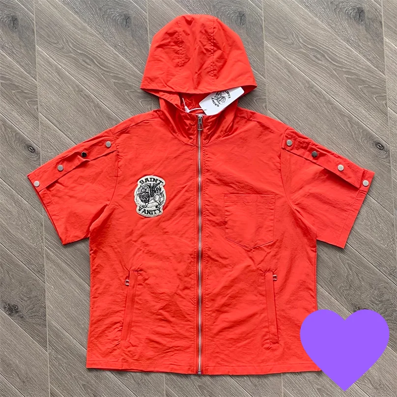 

Chest Embroidery Patch Label SAINT VANITY Windproof Hooded T-shirt Men Women Zipper Short Sleeve Pure Tops Tee Cap T Shirt