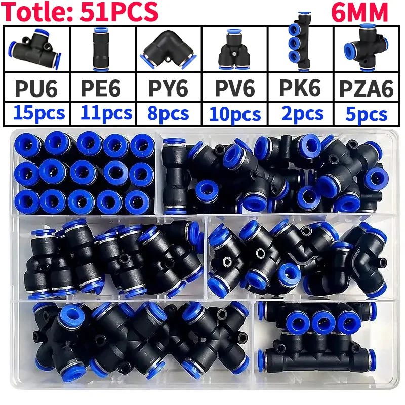 Boxed 51 PCs PU-6/PE-6/PZA-6/PY-6/PV-6/PG-6/PK-6 Pneumatic Fitting Kit 6mm Outer Diameter of the Hose Pipe Tube Air Connectors 