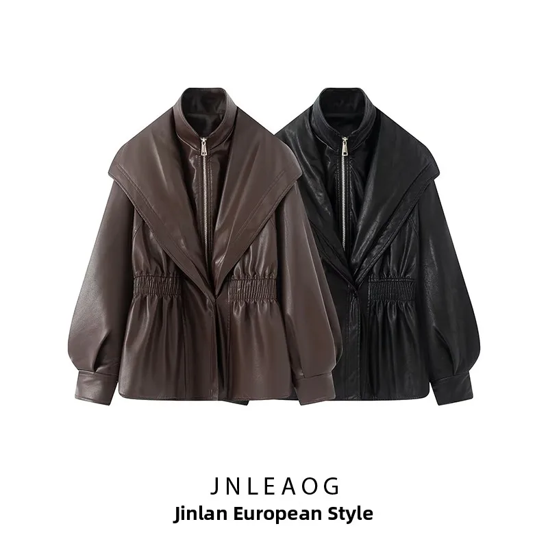 JNLEAOG Autumn New Women's Fashion Washed Vintage Style Fake Two-Piece Jacket Leather Coat Business Casual Long Sleeve Zipper