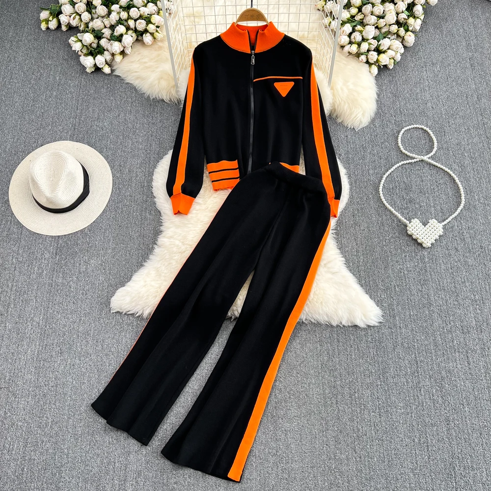 Sports Set 2023 Autumn Women\'s Stand Neck Contrast Zipper Cardigan Coat High Waist Wide Leg Pants Fashion Casual Two Piece Set