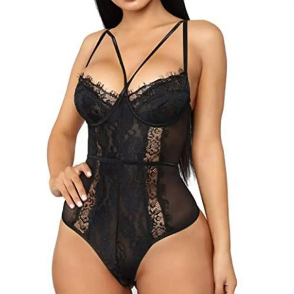 Lady Sexy Bodysuit Solid Hollow Out Spaghetti Strap Lace See-through Deep V Neck Slim Fit Sleeveless Captivating Exotic Teddies