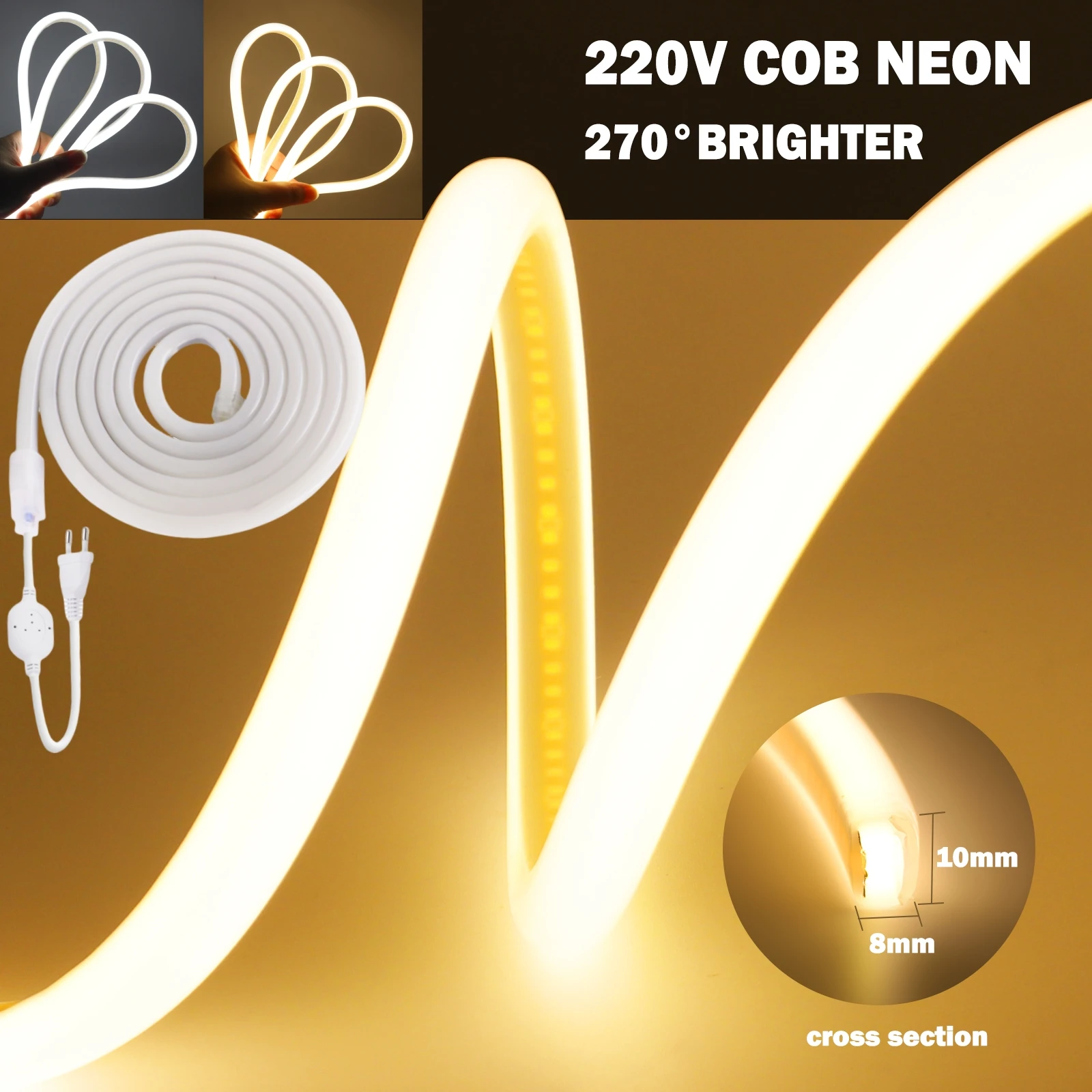 AC 230V COB Neon LED Light 220V 20M 288Leds/M IP65 Waterproof 270 Degree Brighter Diode Tape Tube Lamp 50CM Cuttable EU Plug