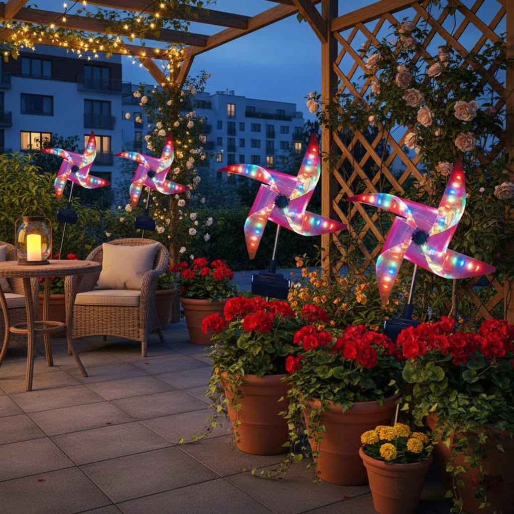 

4 Packs Solar Wind Spinner Lights 8 Modes Color Changing Pinwheel Garden Stake Light Gift for Mom Grandma Kinetic Yard Art Decor