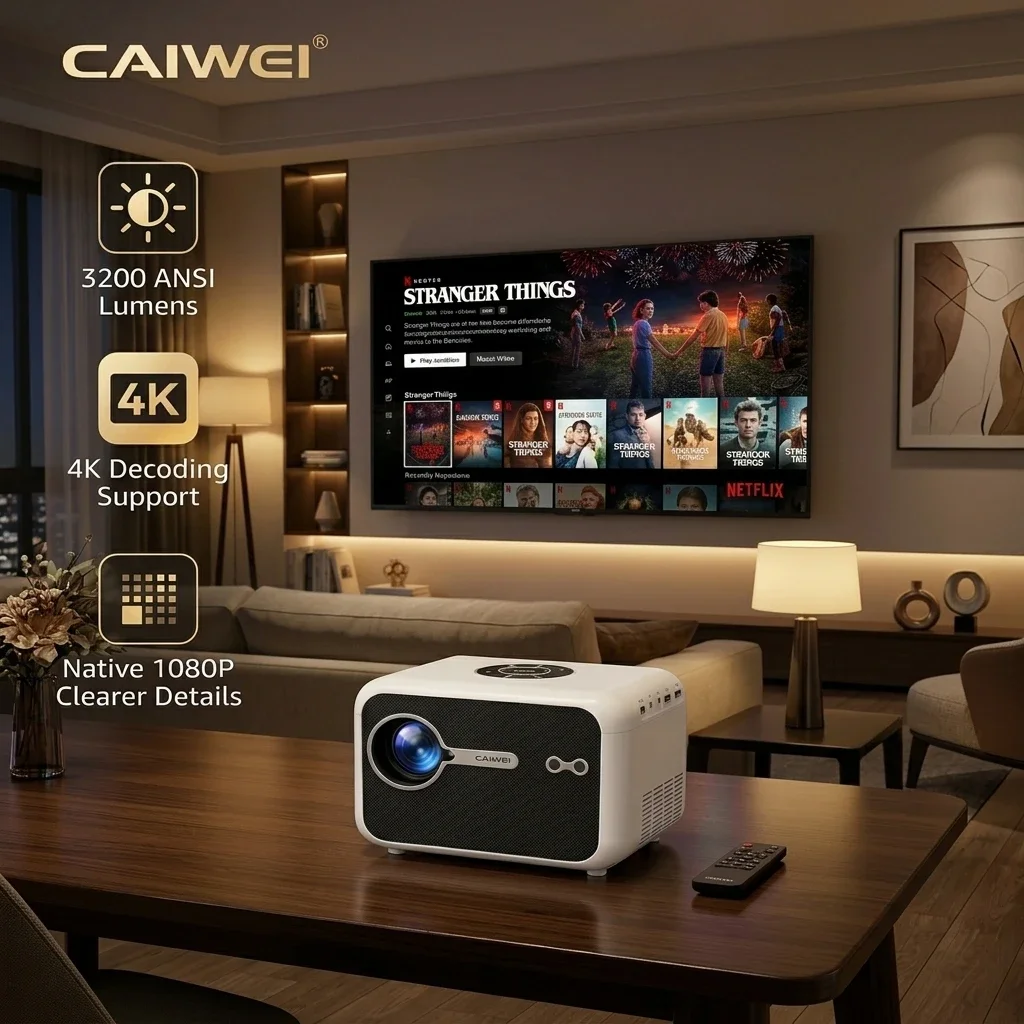 CAIWEI A6L 3200ANSI Netflix Certified 4K Support Smart Projector Auto Focus WiFi6 MEMC Dolby Audio Portable Home Theater