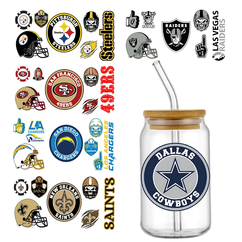 Pegatinas de transferencia de equipo de fútbol deportivo, pegatinas impermeables UV DTF para tazas, pegatinas 3D DIY para vidrio Libbey de 16oz