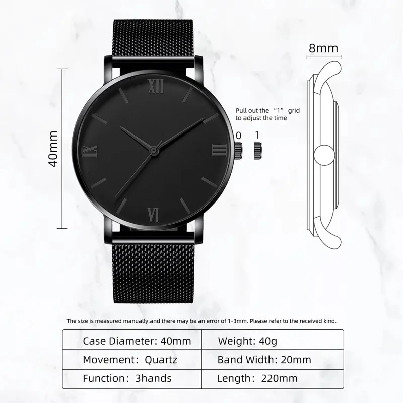 2Pcs Fashion Men\'s Watch Business Simple Stainless Steel Mesh Belt Quartz Watch with Dumbbell Bead String Bracelet Set