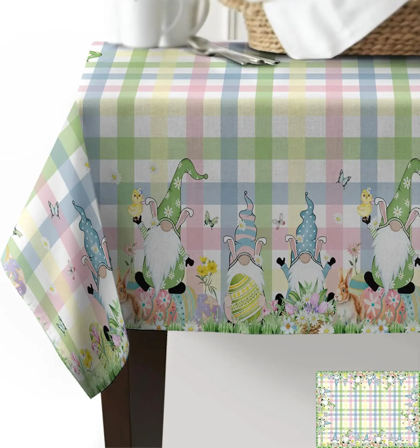 Easter Bunny Egg Gnomes Colorful Plaid Waterproof Tablecloth Dining Table Decor Washable Rectangle Table Cloth Easter Decoration