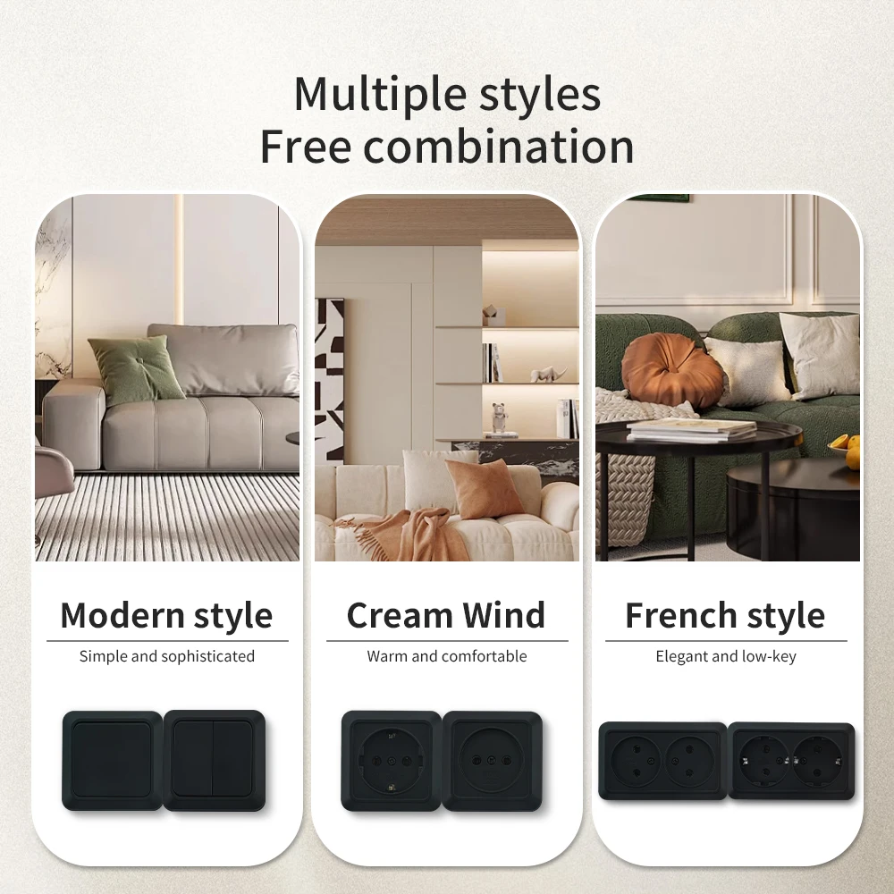 منافذ كهربائية مثبطة للهب مثبتة على الحائط باللون الأسود، مقابس طلاء بلاستيكية مع مقابس طاقة كلاسيكية قياسية من الاتحاد الأوروبي