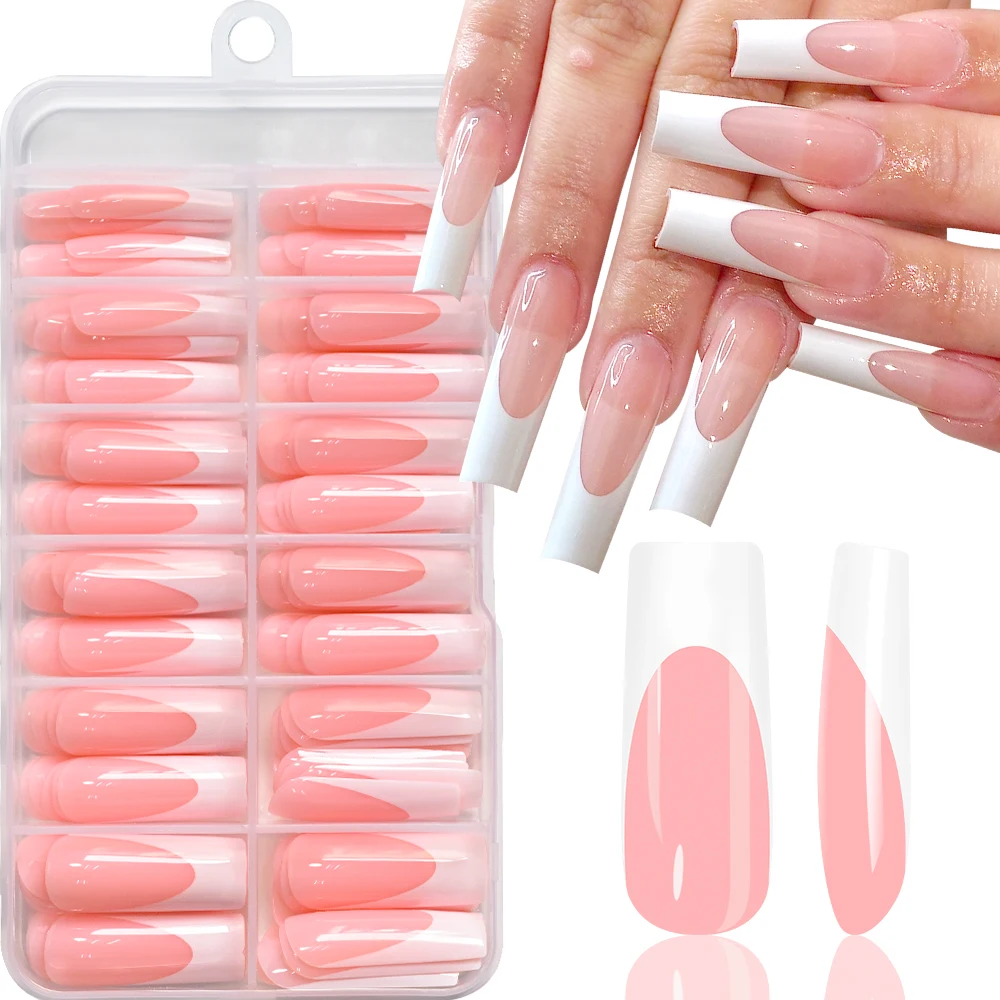 120Pcs Glossy Pink French Press On Nails 12-Sizes Long Square Fake Nails White Edge Design Full Cover French False Fingertips TD