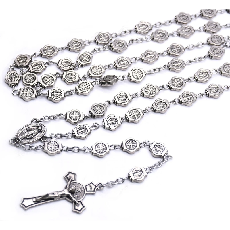 Vintage Saint Benedict Rosary Necklace Jesus Cross Pendant Necklace Prayer Bead Chain Crucifix Church Jewelry Accessories