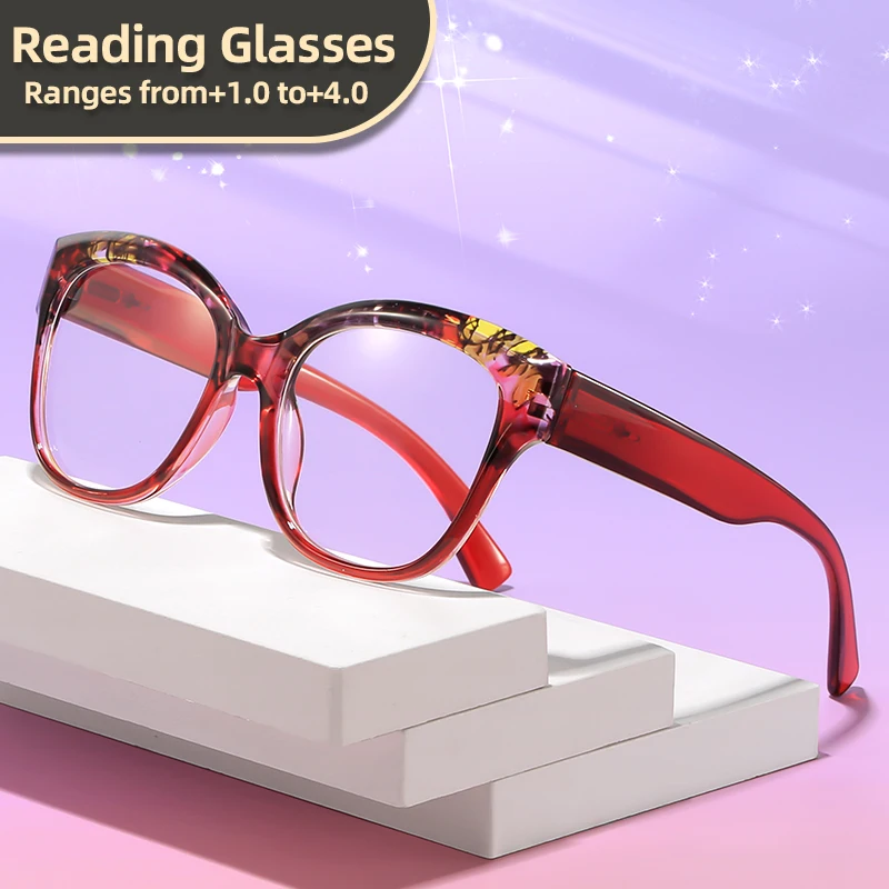 Transparente Oyalie-Lesebrille mit Blumenmuster und durchscheinenden Mustern für stilvolles Tragen, klare Sicht, schön und praktisch, erhältlich in Rezeptbereichen von +1,00 bis +4,00