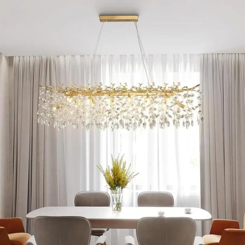 Dining Room Gold Branch Crystal Chandelier Light For Kitchen Table Living Room Bedroom Rectangular Crystal Ceiling Chandelier