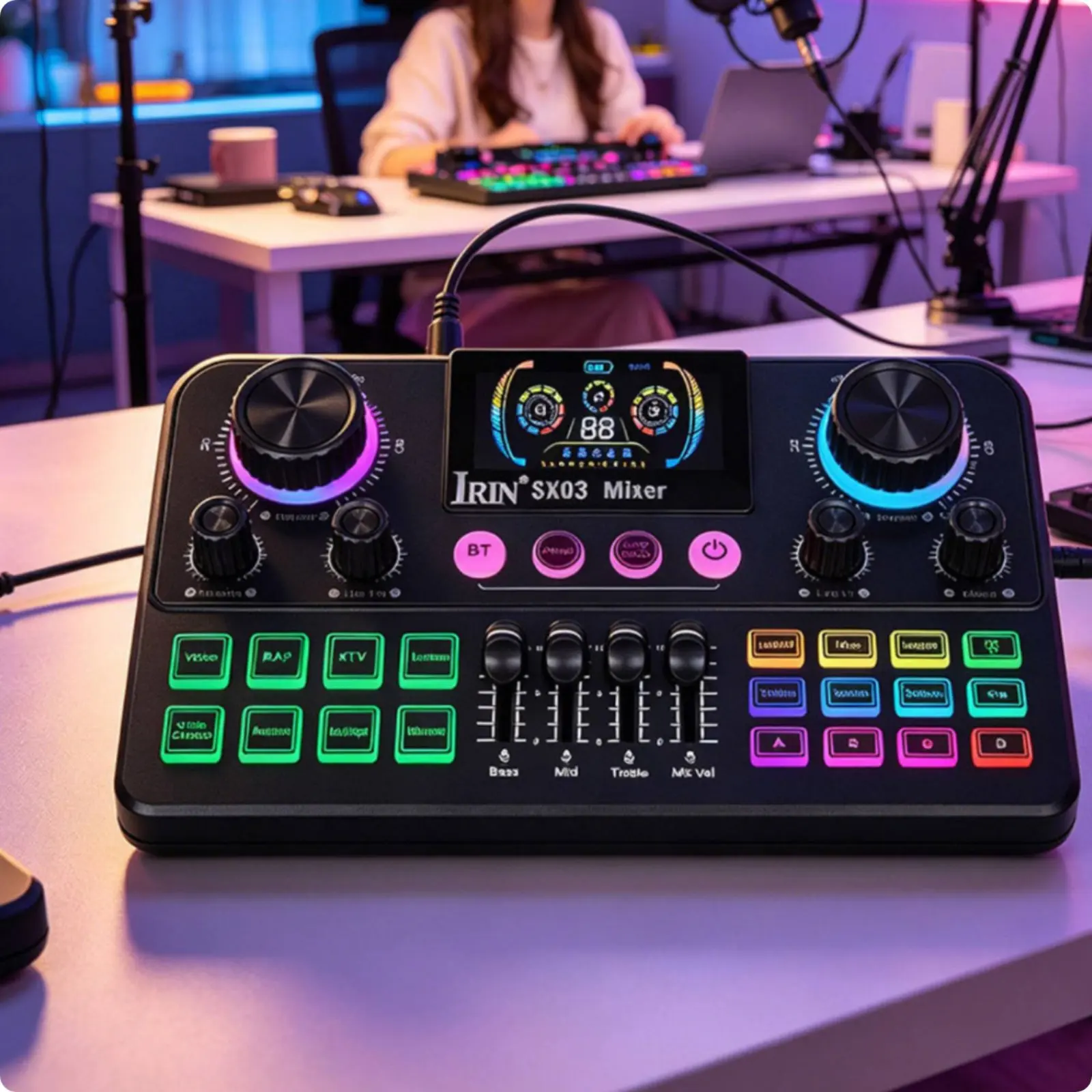 Placa de Som para Transmissão ao Vivo com Display Digital, Mixer de Karaokê Bluetooth, Redução de Ruído e Modificador de Voz