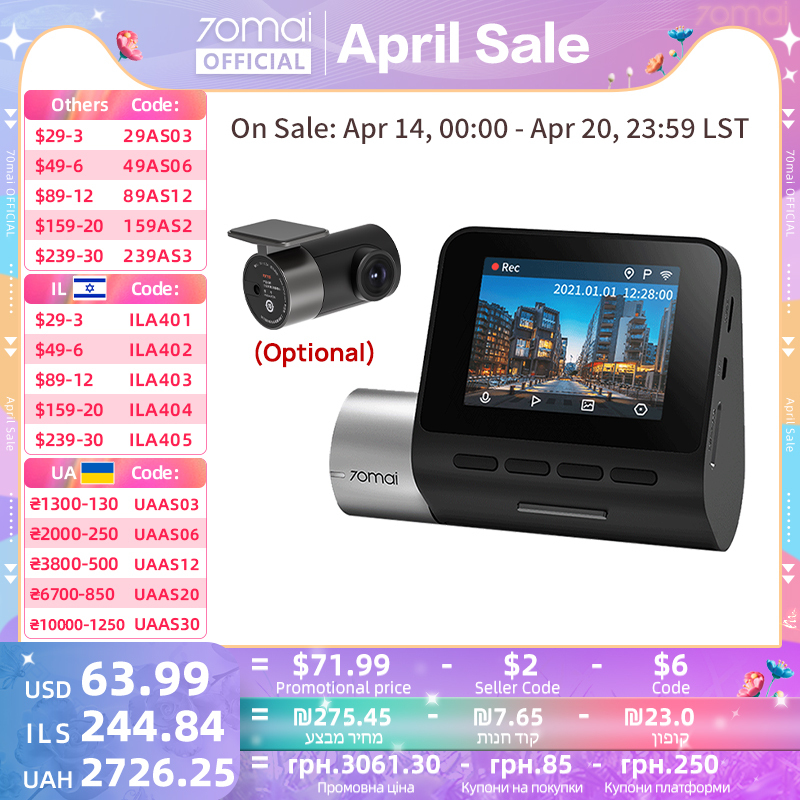 70mai Dash Cam Pro Plus A500S 1944P ADAS GPS Camera 70mai Front Cam A500S 140FOV Car DVR 24H Parking Support Rear Interior Cam
