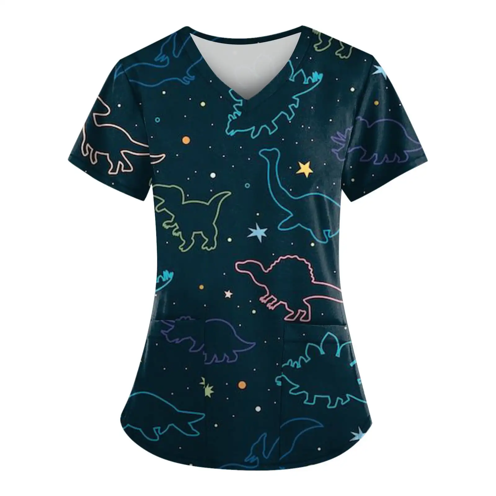 Chirurgische Uniformen Frau Dinosaurier Cartoon Print Gesundheitspflege Krankenschwester Tops V-Ausschnitt Micro-Stretch Kurzarm Klinische Uniform Frau – Detail 8