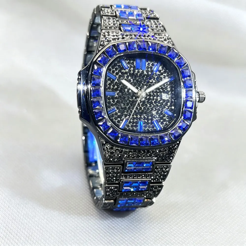 MISSFOX Hip Hop Diamond Mens Watches Black Blue Color Chronograph Male Quartz Wristwatch Business Iced Out Men Clock Hot Sale
