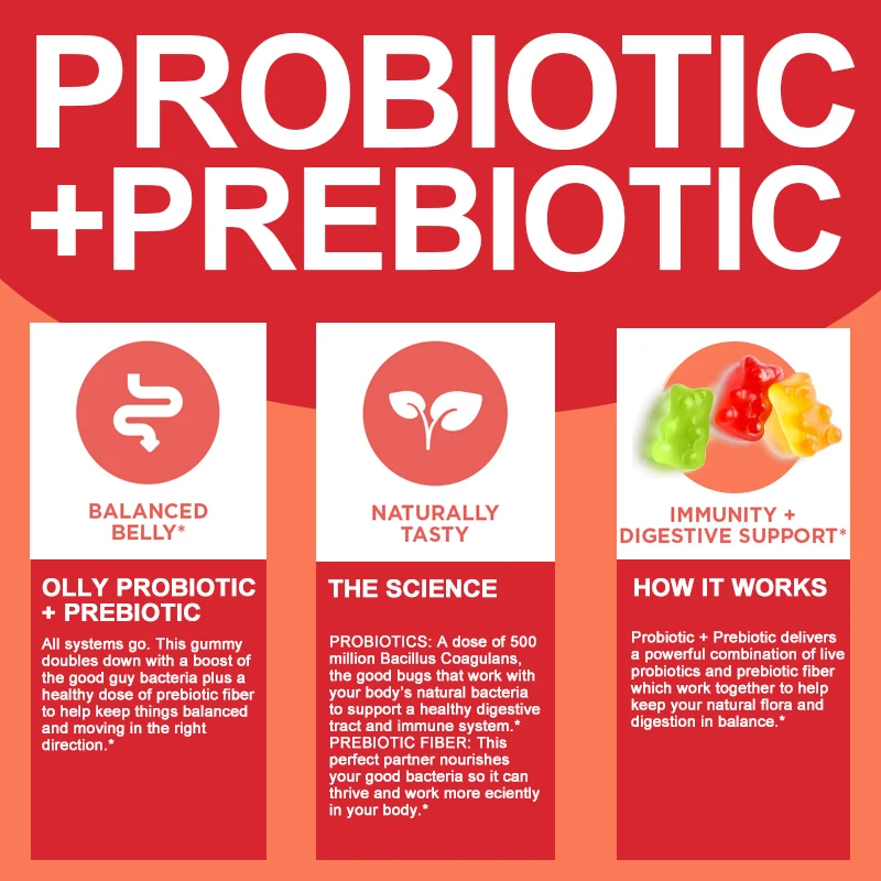 Probiotic + Prebiotic Gummies - Promote Digestive Health and Relieve Bloating Improve Intestinal Function Support Immune Health