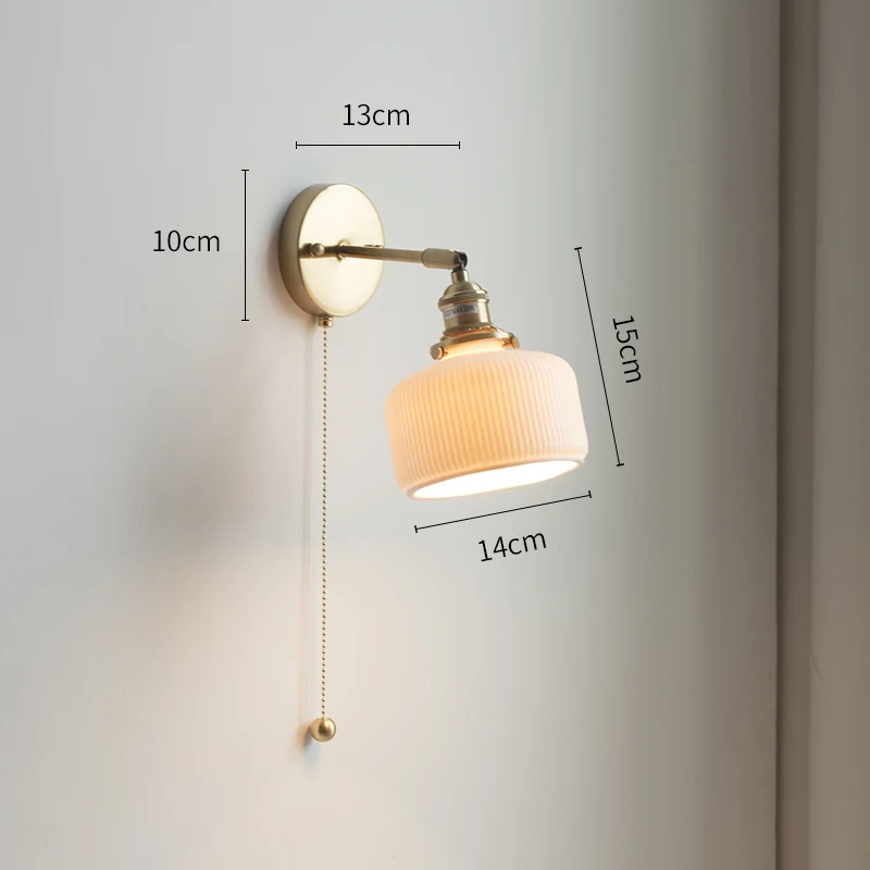 Japão Vintage Brass Ceramic Wall Lamp, Puxe o interruptor, Aperte giratório para quarto, Luz de parede de cabeceira, Decoração para casa