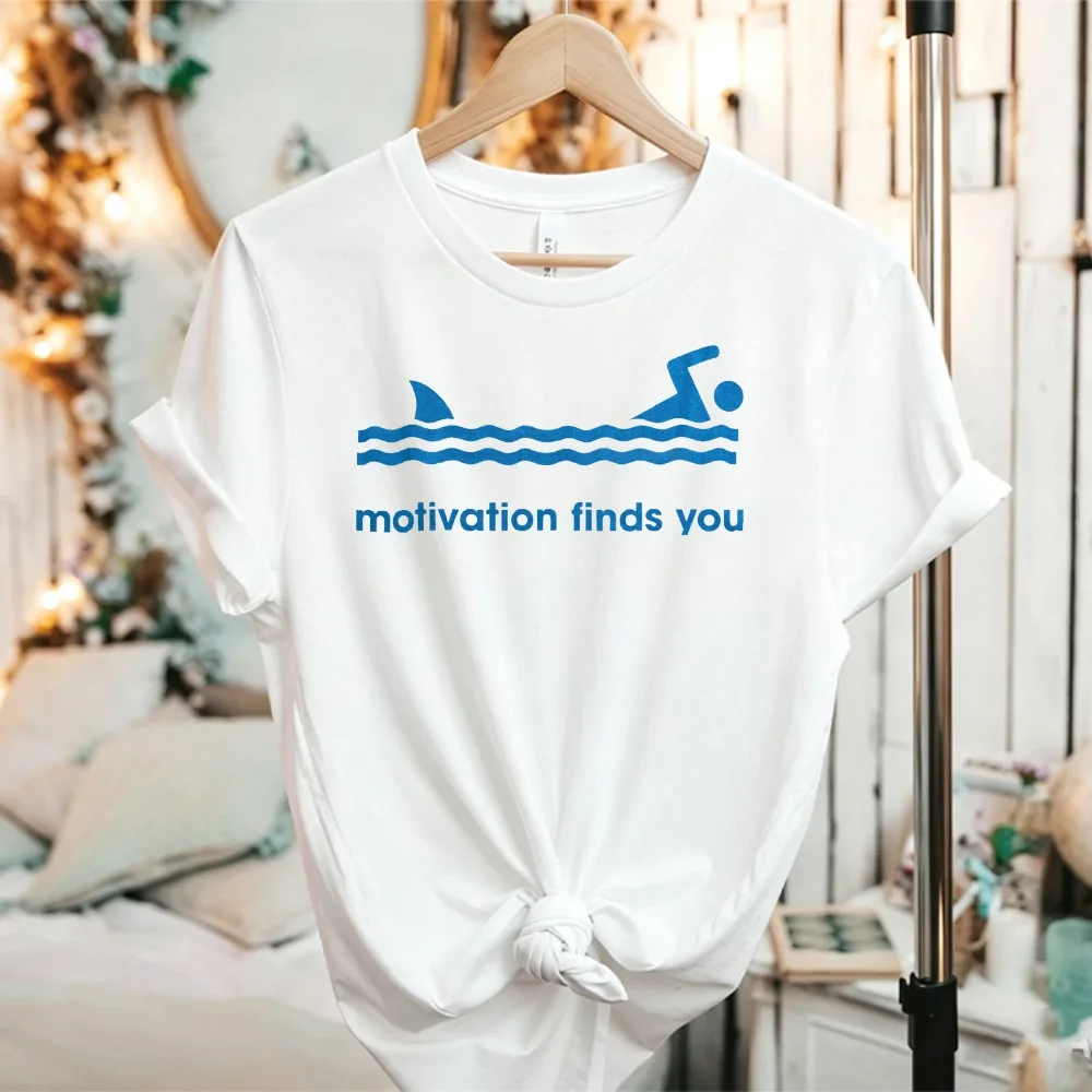 Shark Swimming Motivation Finds You Graphic T Shirt Funny Swimming Shark Silhouette Print Cotton Humor Outdoor Sports Lover Tees