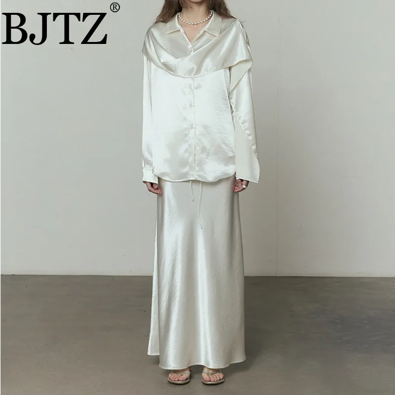 

BJTZ Solid Color High-end Women's Set 2025 Spring Summer New Loose Shirt Top Casual High Waist Temperament Casual Skirt Trendy
