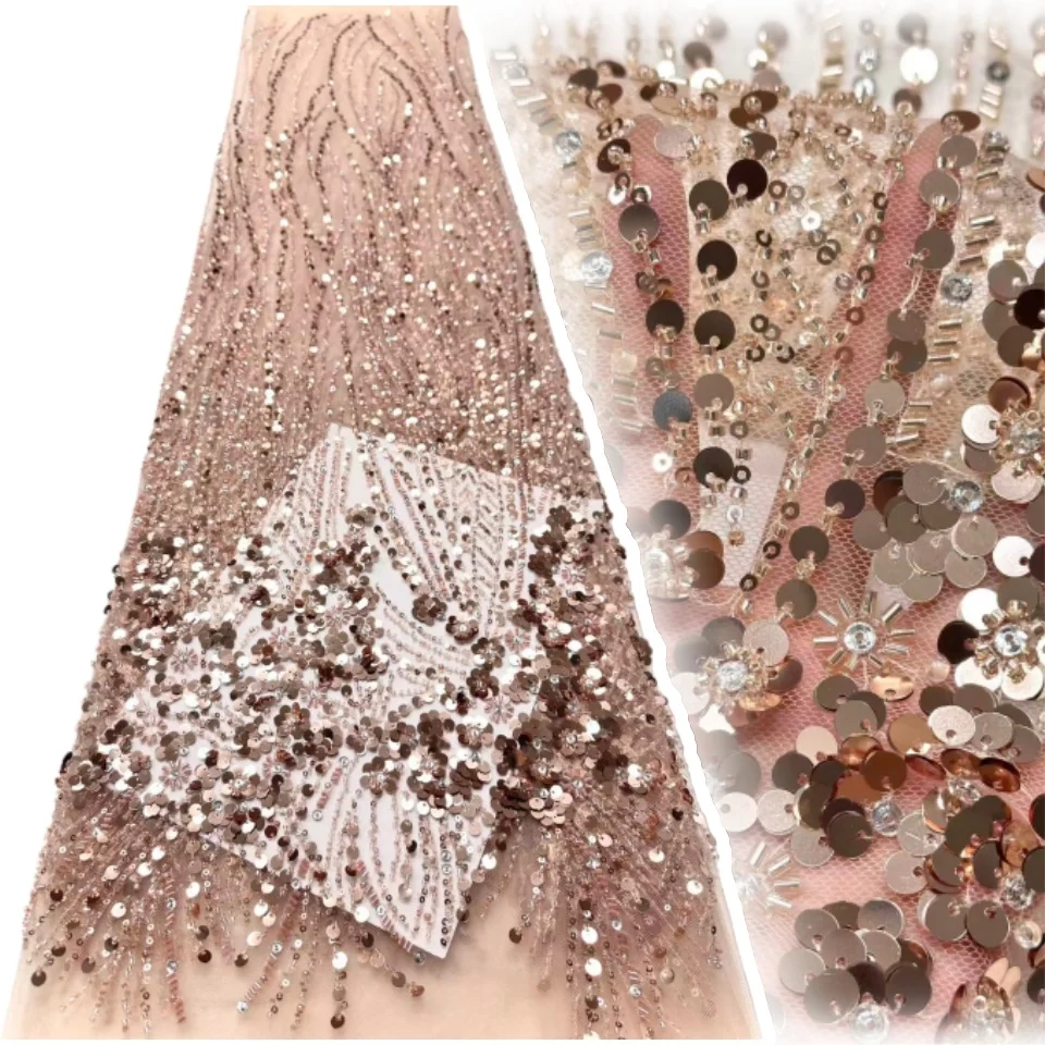 

Latest African French Sequins Net Lace Fabric High Quality Embroidery Beaded Fabric 5 Yards for Women Wedding Party Dress SZ1701