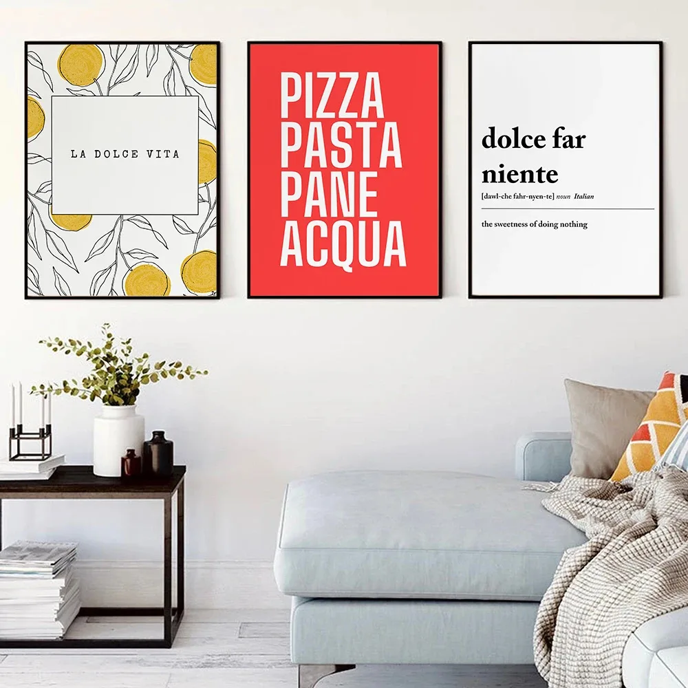 Canvas Painting La Dolce Vita Lemon Poster Print Nordic Italian Aperitivo Pizza Pasta Food Quote Wall Art Kitchen Room Decor