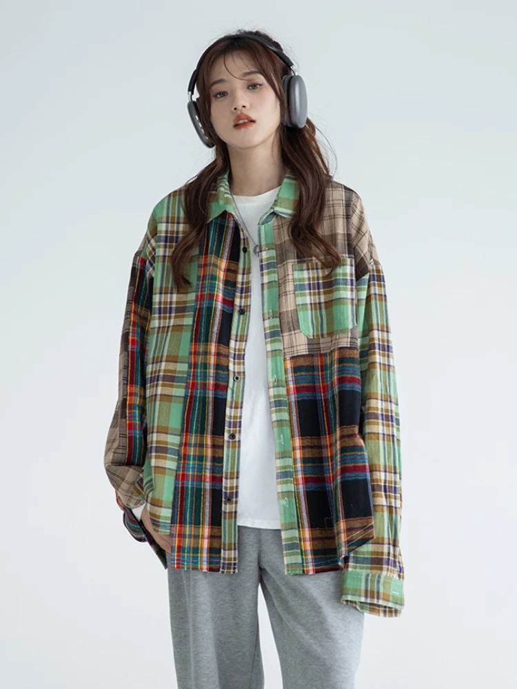 Plaid Shirts Women Asymmetrical Korean Style Leisure Loose Daily Colorful Streetwear Spring Elegant Students Fashion Retro Soft