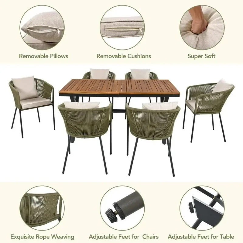 A 7-Pieces Outdoor Furniture Set with Dining Table and Chairs, Acacia Wood Tabletop & Metal Frame for Yard, Garden, Balcony