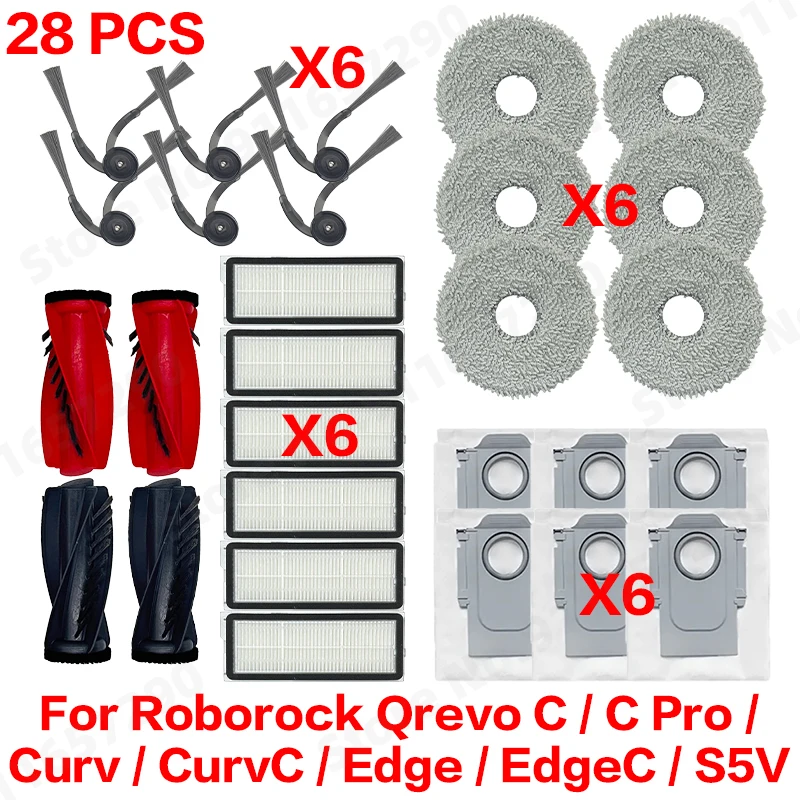 Roborock Qrevo C/C Pro/Curv/CurvC/Edge/EdgeC/S5V Kompatibles Haupt- und Seitenbürsten-Set, Wischtücher, Staubbeutel & Filterset