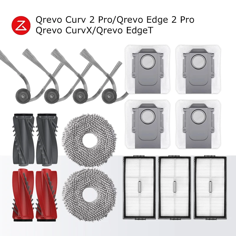 Pour Roborock Qrevo Curv 2 Pro, Qrevo Edge 2 Pro, Qrevo CurvX, Qrevo EdgeT : Accessoires (brosse principale, brosse latérale, chiffon de nettoyage, sac à poussière, filtre)