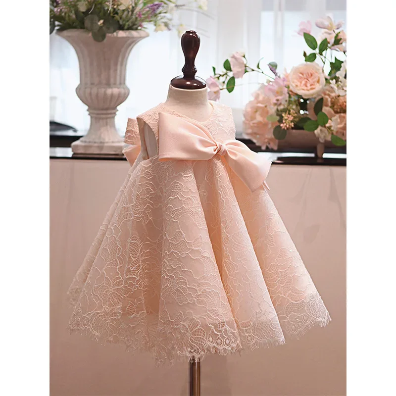 

2024 Children Wedding Dress Princess Lace For Girl Kids Clothes Sleeveless Bowknot Pink Dresses Toddlers Formal Party Ball Gown