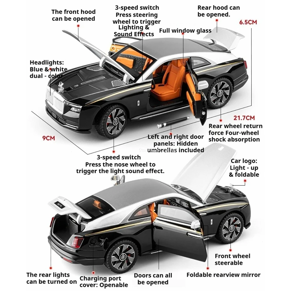 1:24 Scale Spectre Car Model Toy Doors Opened Sound Light Mdels Shock Absorption Front Wheel Steer Vehicle Bedroom Decorations
