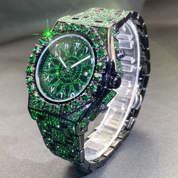 MISSFOX Hip Hop Wristwatch For Men Luxury Ice Out Full Diamond Watches Hip Hop Fashion Green Wterproof Week Display Clock 2024