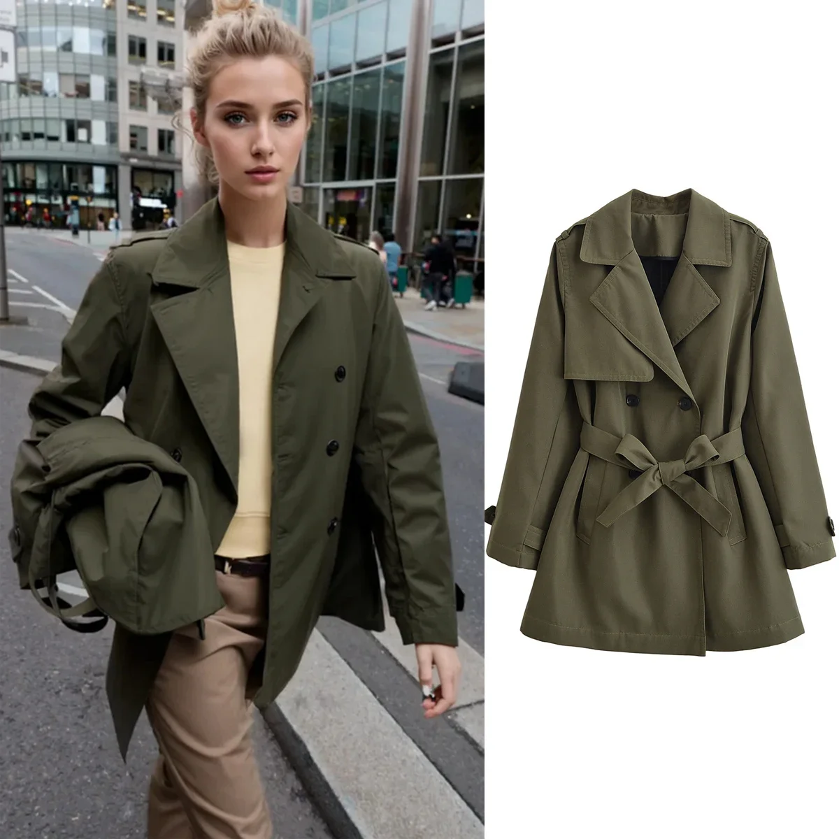 

Женское свободное повседневное двубортное ветрозащитное пальто армейского зеленого цвета, модная ветровка, роскошная уличная одежда, зимнее повседневное ветрозащитное пальто