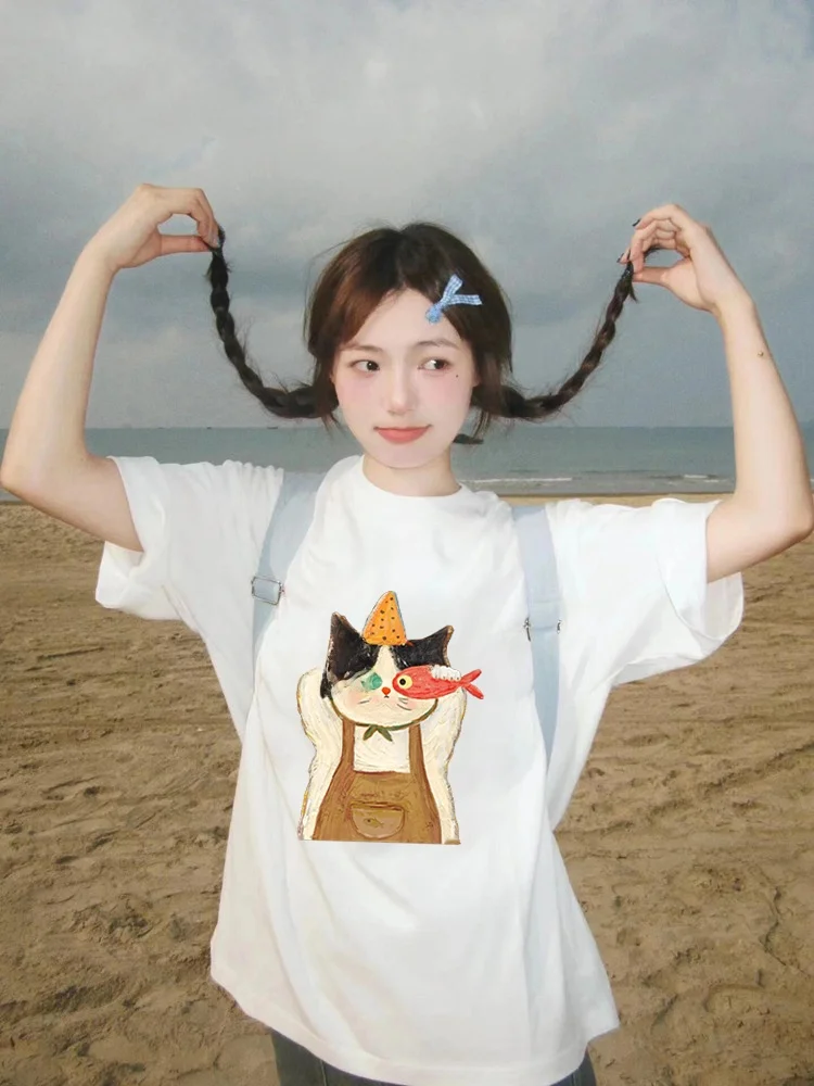 

Белая женская футболка из чистого хлопка с коротким рукавом, свободного кроя, повседневная, с забавным дизайном, летняя, дышащая, влагоотводящая