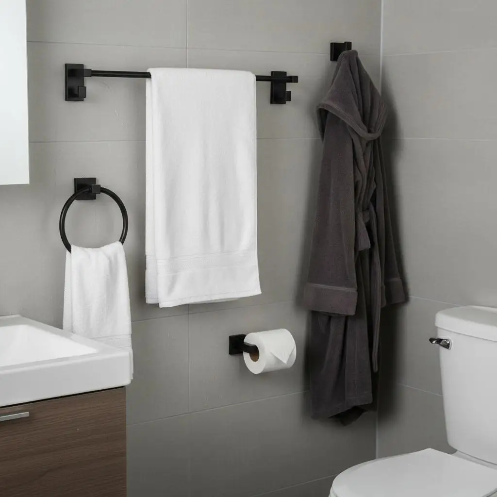 

Matte Black Bath Fixture Kit 4-Piece For Shower Area Restroom Washroom 24-inch Hanging Rod Towel Loop Wall Hook Tissue Bracke