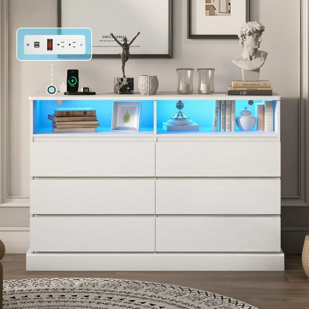 

Dresser for Bedroom with LED Lights and Charging Station, White Dresser with No Handle Drawers, Modern Chest of Drawers