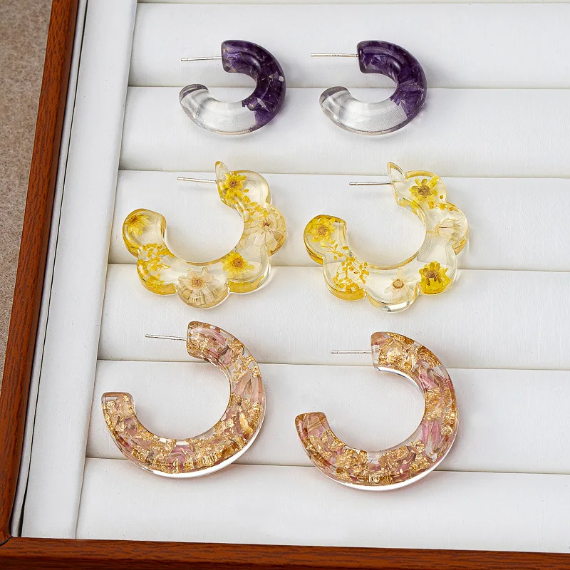 Resin Double-sided Dried Flower Hoop Design Transparent Earring Jewelry Retro Fashion Light Luxury Temperament Earrings