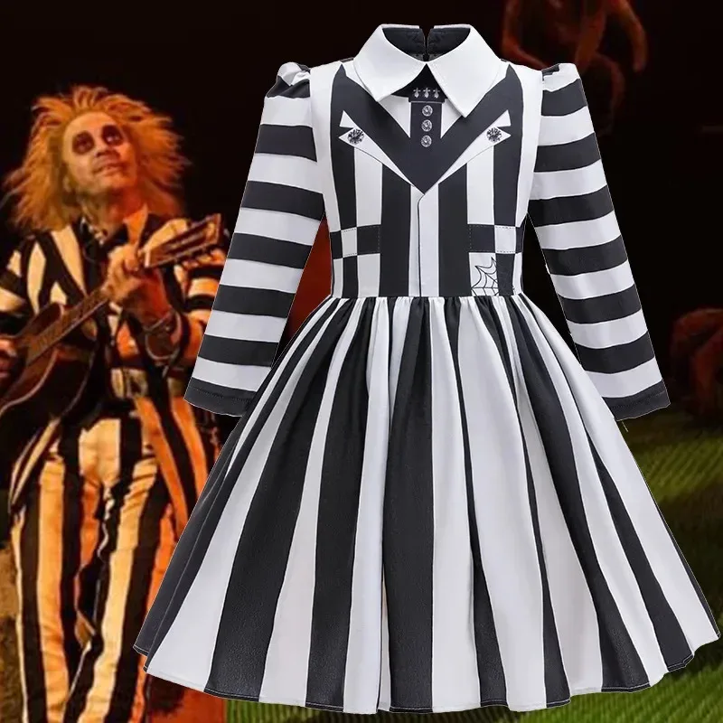 

4-12 years old girl Halloween Yinjian Master Black and White Striped Princess Skirt Girl Cosplay Costume Halloween Costume