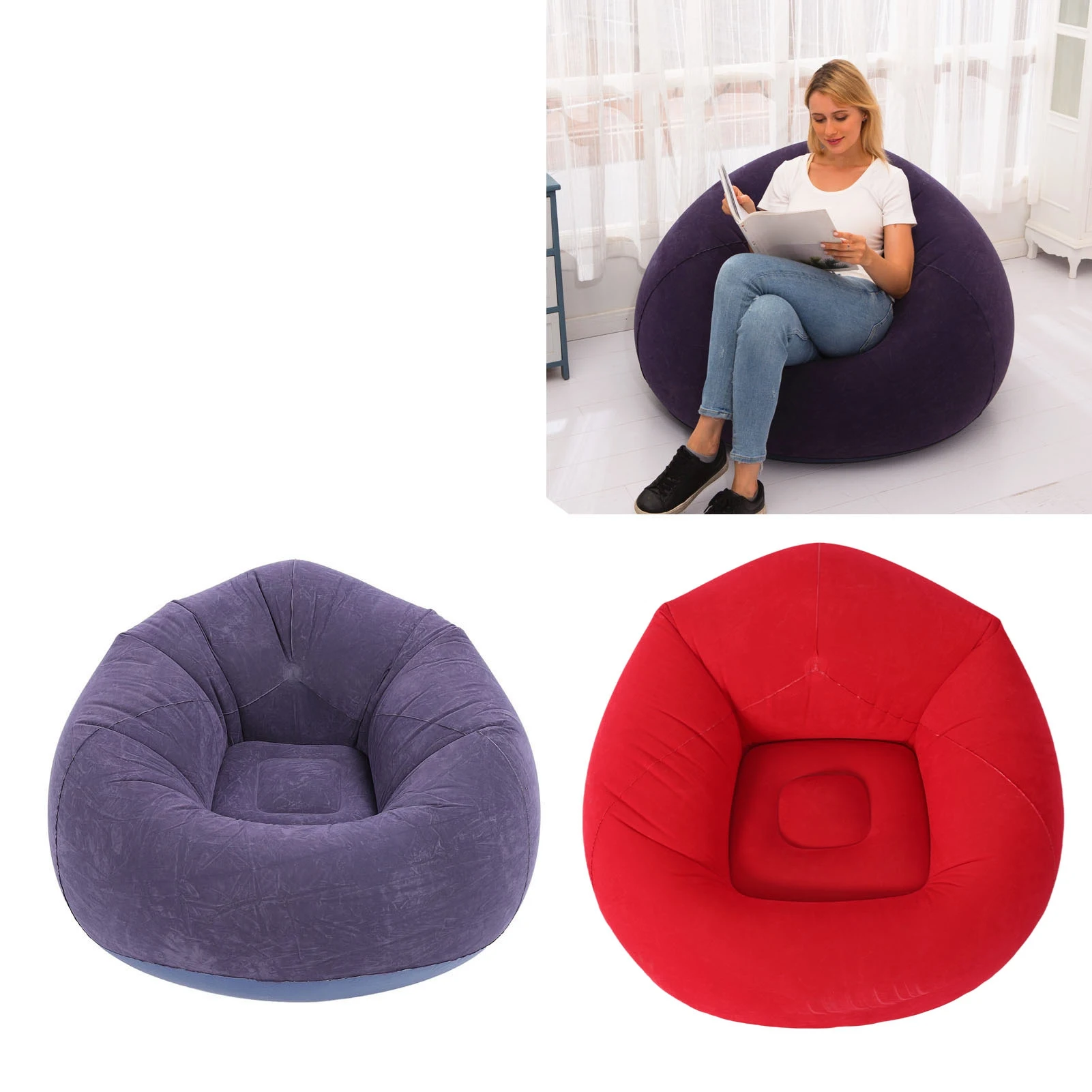 1Pc Inflatable Lounge Chair Sofa Flocking PVC Portable Folding Blow Up Sofa for Living Room Bedroom Balcony Office Travel