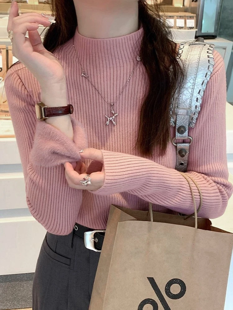 

Pink Fce Lined High Ne Knitwear Women's Sle Early Autumn Winter Lazy Faion Inner Wear Casual Sweet Sle Polyester B...